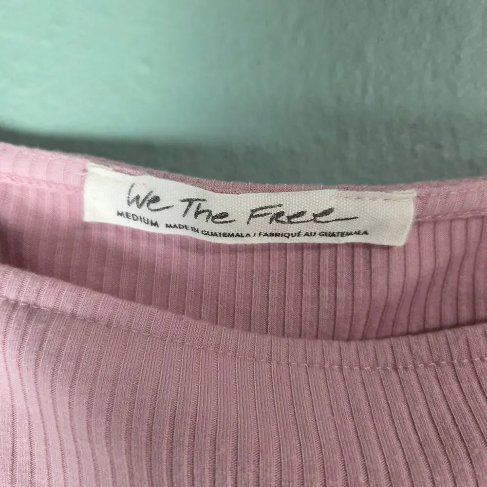We the Free Womens M Night Lilly Puff Shoulder Square Neck Shirt Top Pink Ribbed